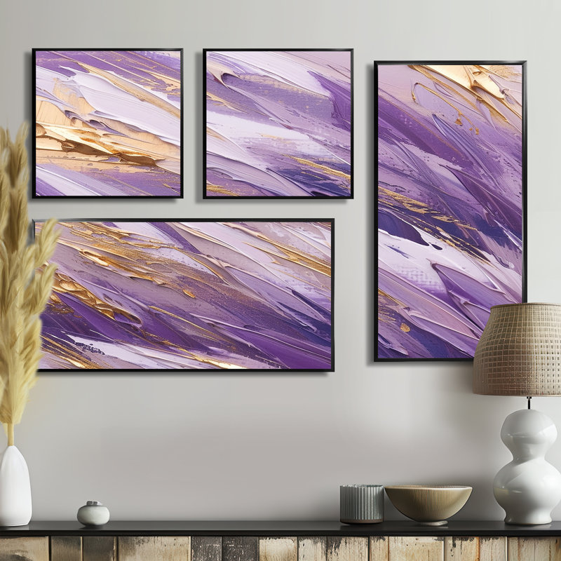 «Mauve et or», Abstractions dynamiques II - impressions sur toile modernes 4 pièces, Impression encadrée sans passe-partout