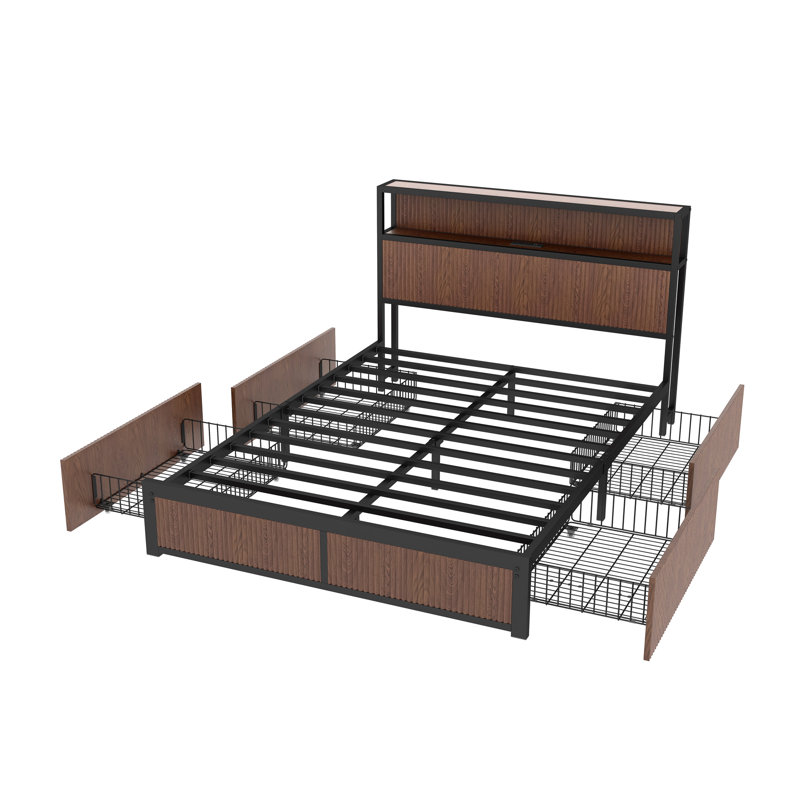Large Raised-Pattern Storage Bed Frame, Wooden Platform Bed Frame With Multiple Drawer Storage Function, Bedside Socket, Brown Wood (Queen)