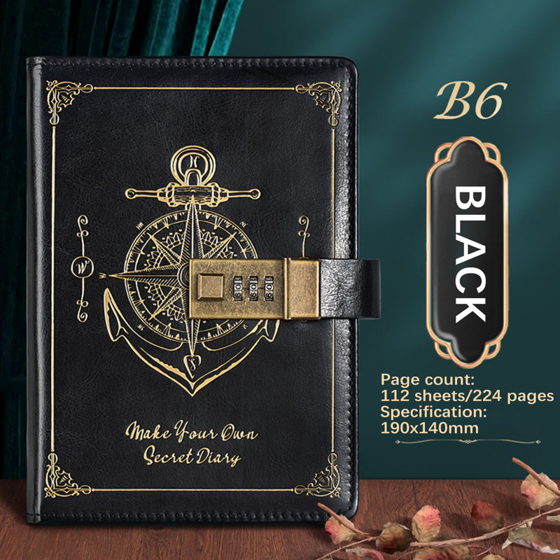 Retro codebook  Password Notebook With Lock B6 Leather Notebook Student High Appearance Diary Notebook Notes, E