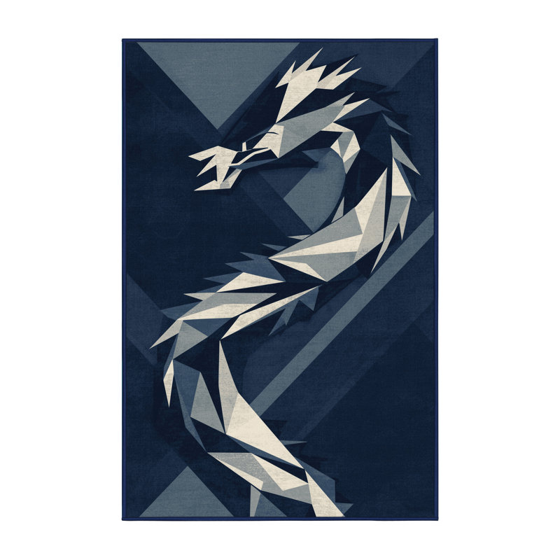 Tapis géométrique bleu lavable à la machine Ozain Dragon, 7 x 10