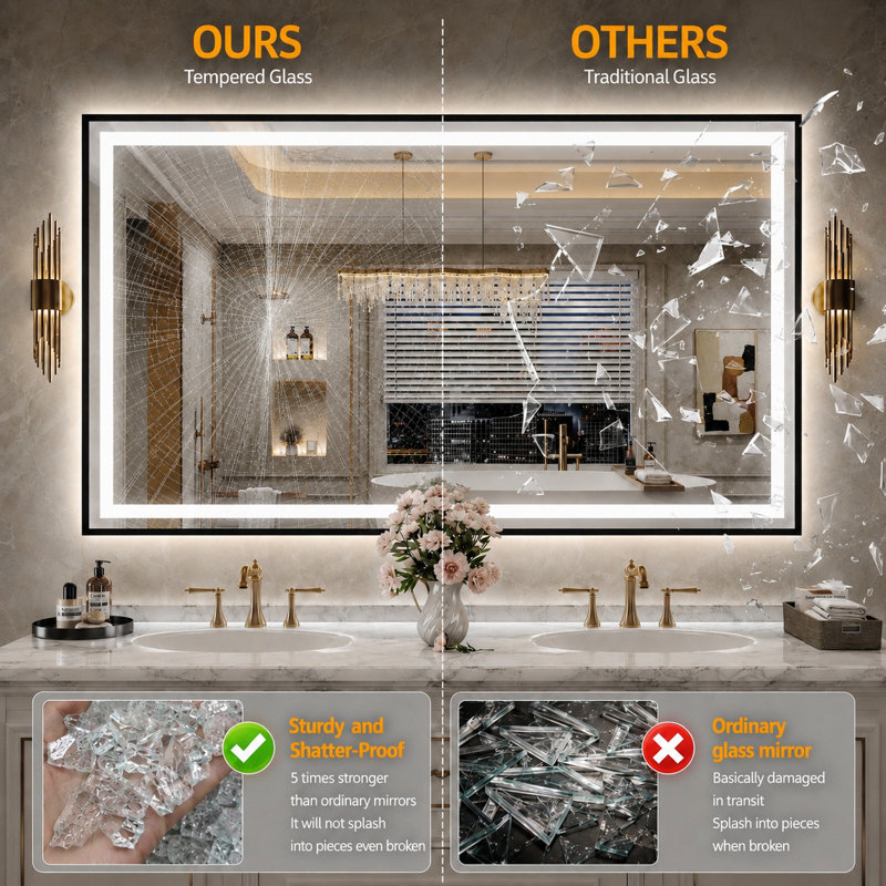 Miroir de salle de bain Adorna certifié UL à intensité variable avec éclairage 3 couleurs, anti-buée, verre trempé et cadre en aluminium brossé