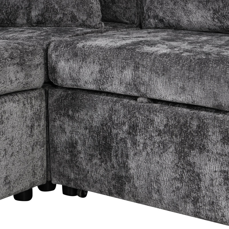 112.2" Sectional In Grey With Pull-Out Bed, Movable & Charging Capacity , 3 Pillows Points For Living Room, Gray Fabric