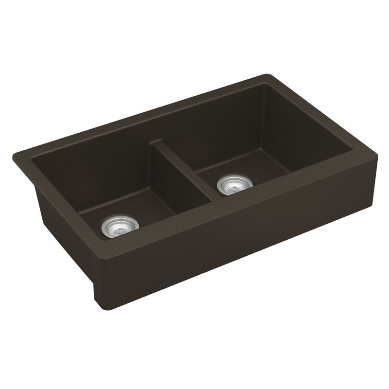 Karran Quartz 34'' X 21-1/4'' Double Bowl 50/50 Retrofit Farmhouse/Apron Front Kitchen Sink Kit, Brown