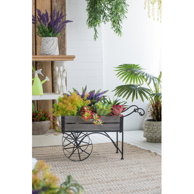 Support à plante rustique avec chariot et décorations en bois - Chariot de jardin polyvalent pour plantes en pot, décoration intérieure / extérieure
