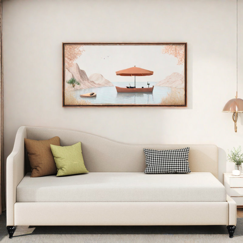 L-shaped Linen Daybed With Solid Wood Legs, Twin, Beige
