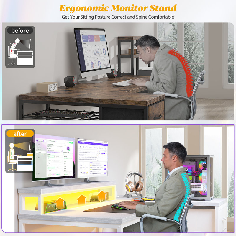 Small Home Office L Shaped Computer Desk With 3 Drawers & Led Lights & Power Outlet & Monitor Stand, White