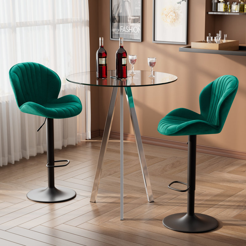 Table de pub ronde et 2 à 4 tabourets de bar réglables à 360 °, 3 pièces: table, 2 chaises, Vert, Argent argent