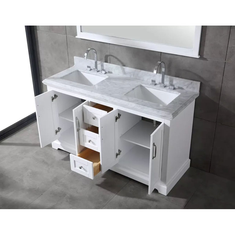 Ensemble de meuble-lavabo simple en bois massif 60 po avec rangement Maredo, miroir non inclus, Blanc
