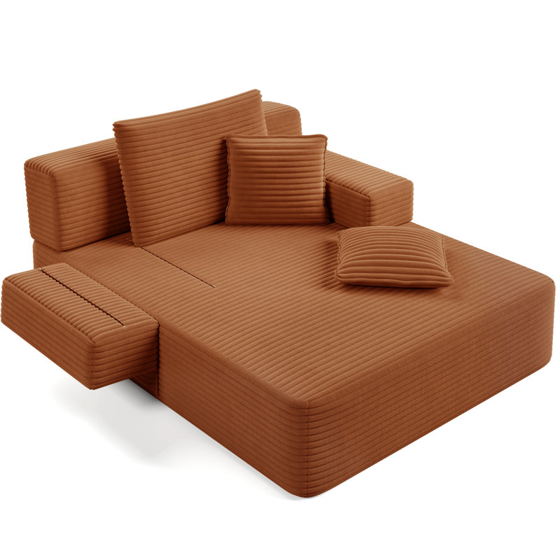 Chaise longue convertible en velours côtelé moelleux avec pochette de rangement, Orange