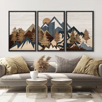 Western Wood Effect Landscape "Brown Country Forest Mountain Artwork, Rustic Cabin Farmhouse Decor Wall Pictures, 3 Pieces Framed Canvas Giclee Print Wall Art" 16"x24"x3 pcs, 24"x36"x3 pcs