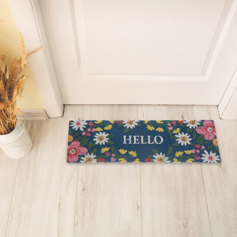 Tapis de porte en fibre de coco floral Hello 10 po x 30 po