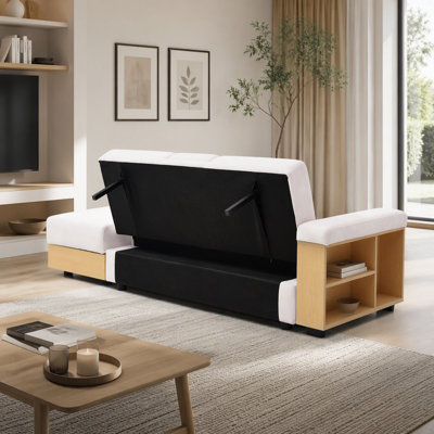 Canapé-lit convertible, canapé-lit double pliant multifonctionnel, repose-pieds avec rangement et accoudoir avec boîte et tiroir, table rabattable avec 2 supports à tasses pour le salon, appartement, bureau