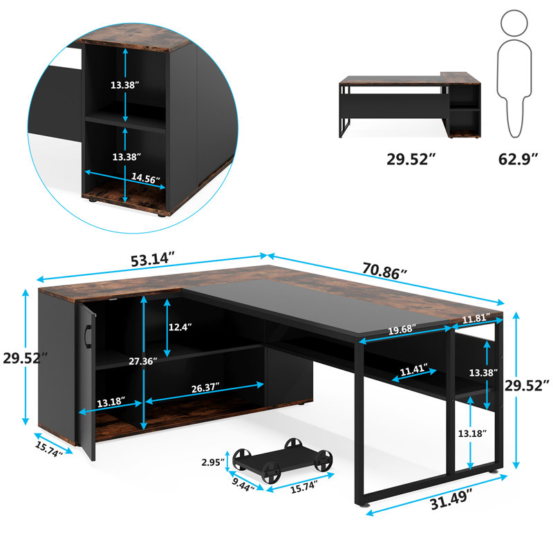 Bureau de direction en L 71 po avec armoire de rangement et tablettes (sans la chaise), Brun / Noir