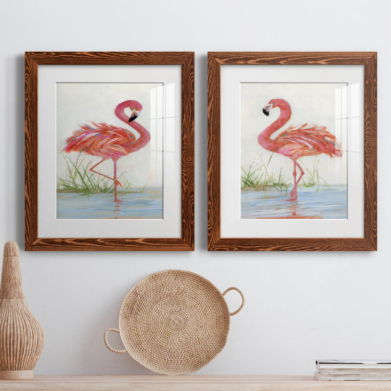 Flamingo I - ensemble de 2 peintures, H 20 po x l 34 po, Papier dans un cadre photo, Érable