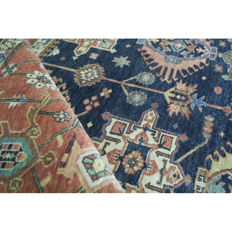 Tapis bleu et rouge noué à la main de haute qualité