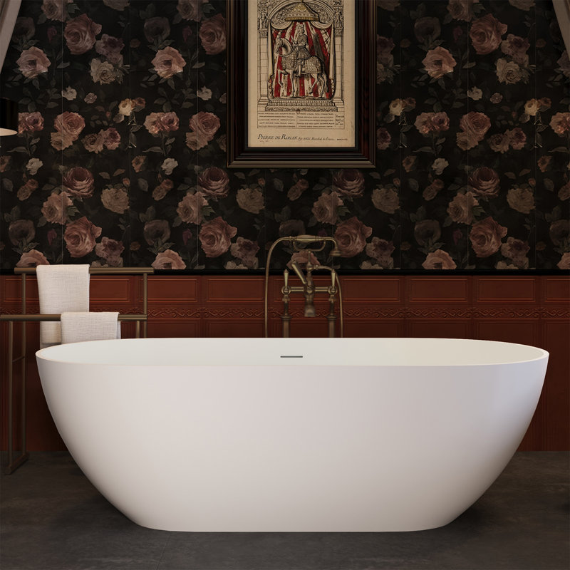 Baignoire autoportante de 59 po à surface solide, baignoire de trempage autoportante en résine d'ingénierie de luxe avec trop-plein et bonde escamotable pour salle de bain contemporaine