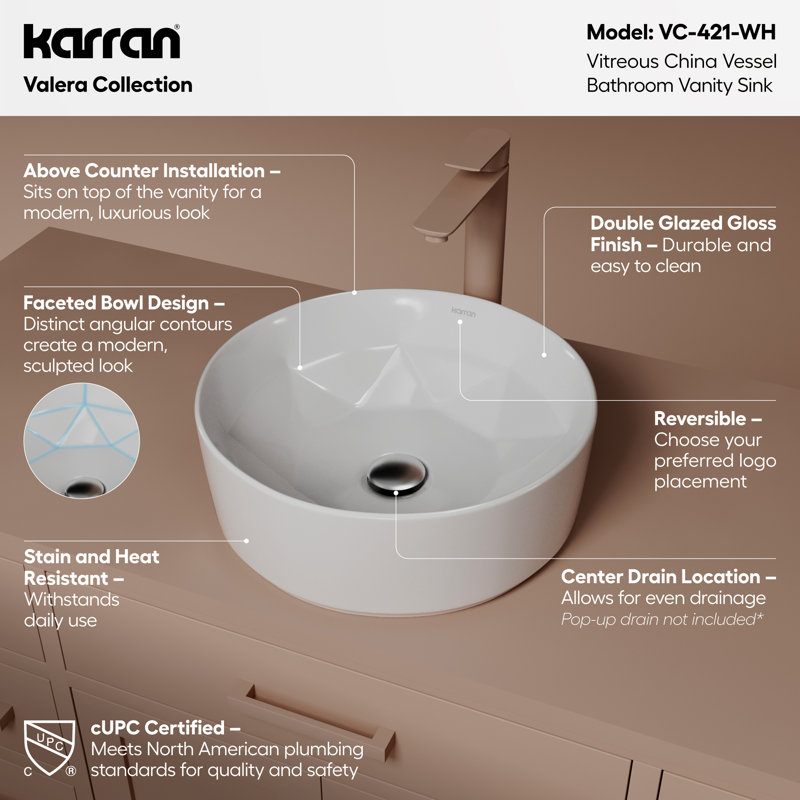 Karran Valera 16 In. Vitreous China Round Vessel Bathroom Sink