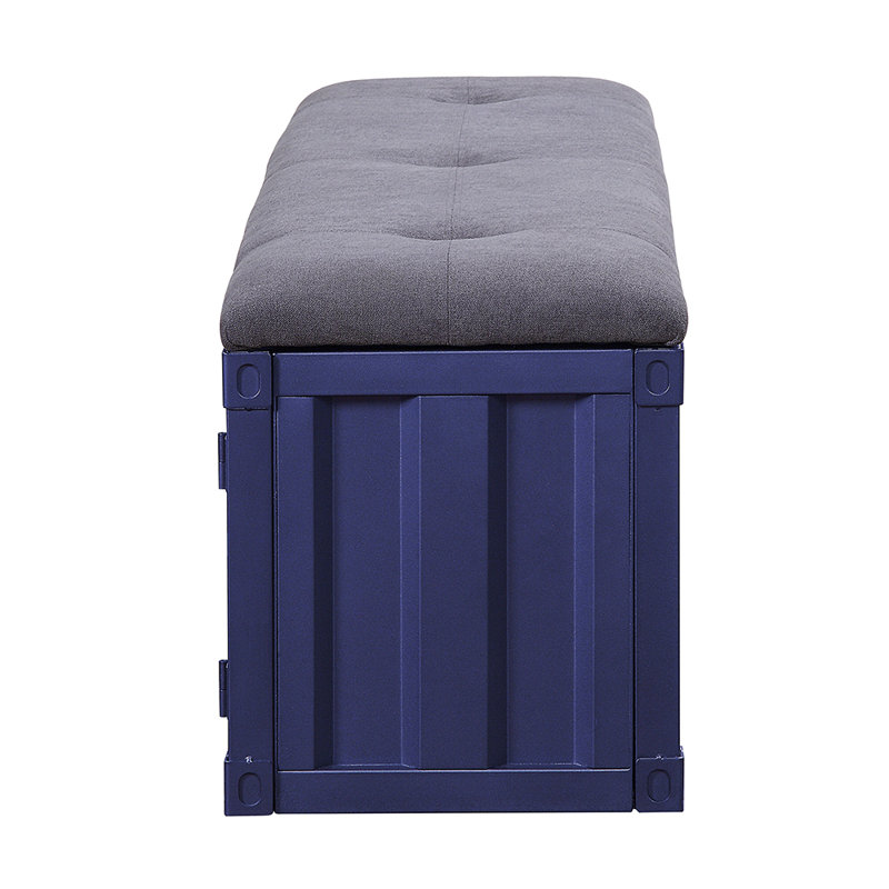 Blue Metal Storage Bench with Gray Fabric Seat
