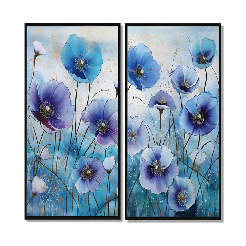 «Blue and Purple Morning Glory Flowers», art mural traditionnel sur toile, 20" H x 24" W, Impression encadrée flottante