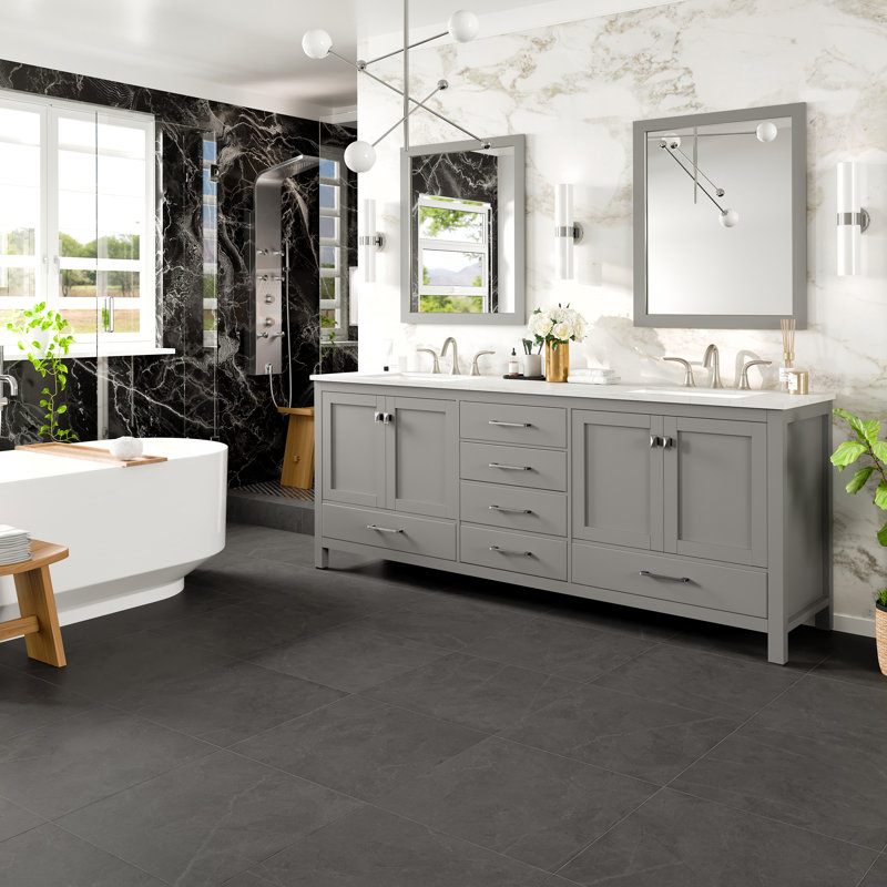 Aberdeen 84" Gray Double Sink Vanity with Carrara Marble Top