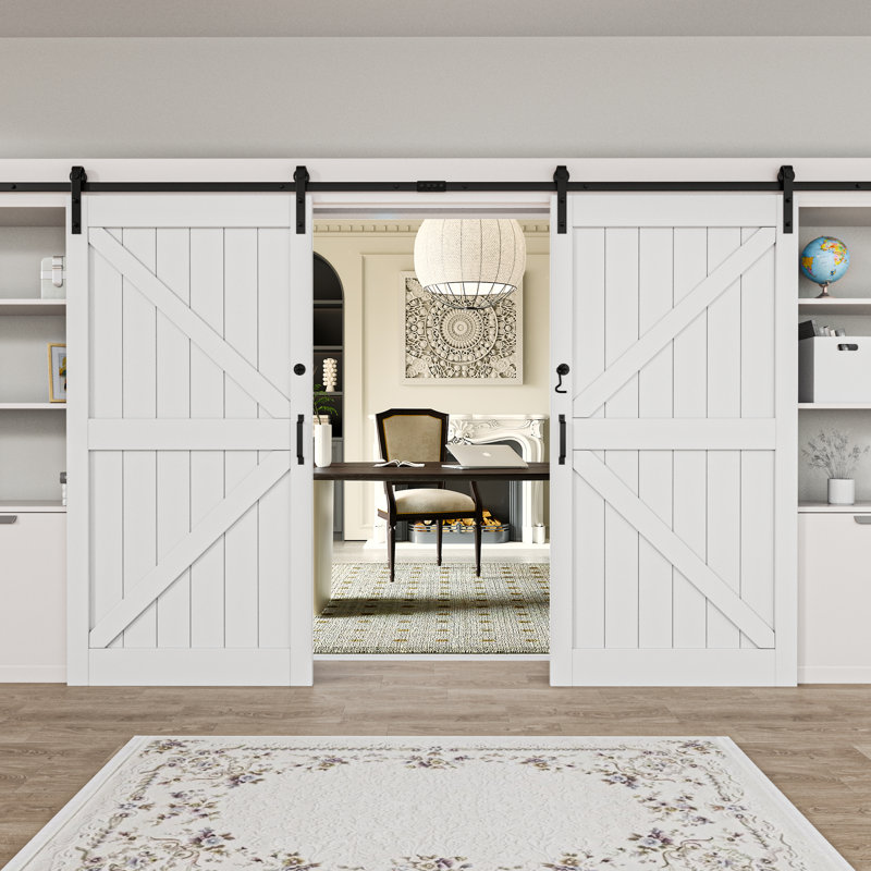 84''Manufactured Solid Wood Primed Double Sliding Barn Doors With Installation Hardware Kit(Door Lock included), 84" x 84"