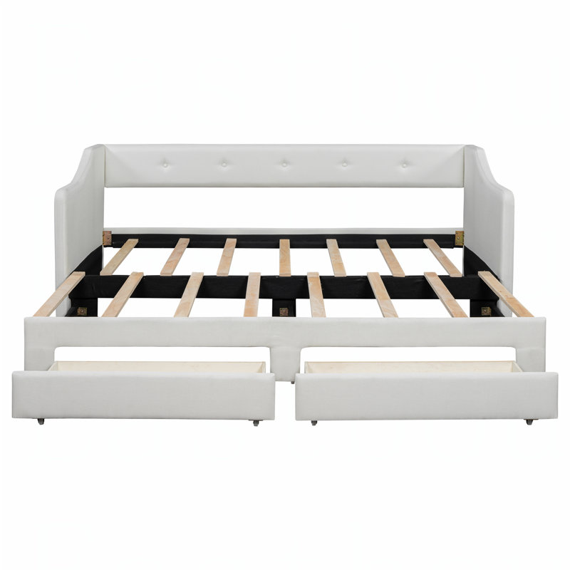Twin XL to King Size Upholstered Daybed with Two Drawers, Perfect for Space-Saving and Comfortable Seating or Sleeping, Beige