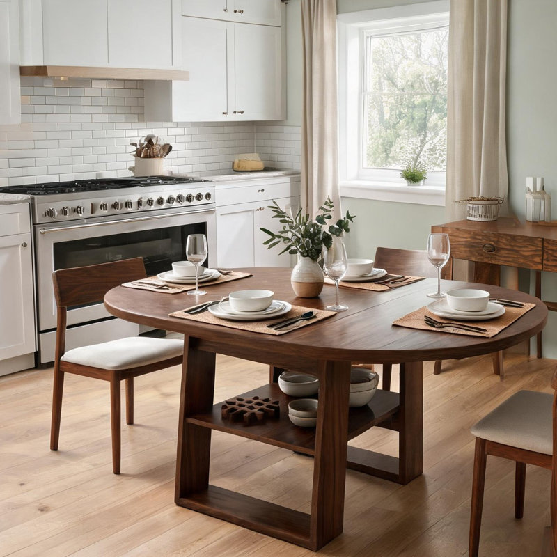 Table de salle à manger avec rangement, fini brun, table ronde extensible, 110 cm (43,3 po), détails en bois massif