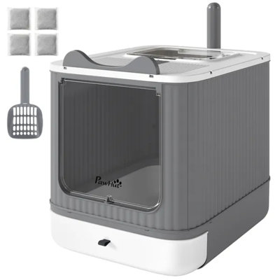 White Enclosed Cat Litter Box, Front-In Top-Out Hooded Litter Box with Scoop & Deodorizer for Medium Cats