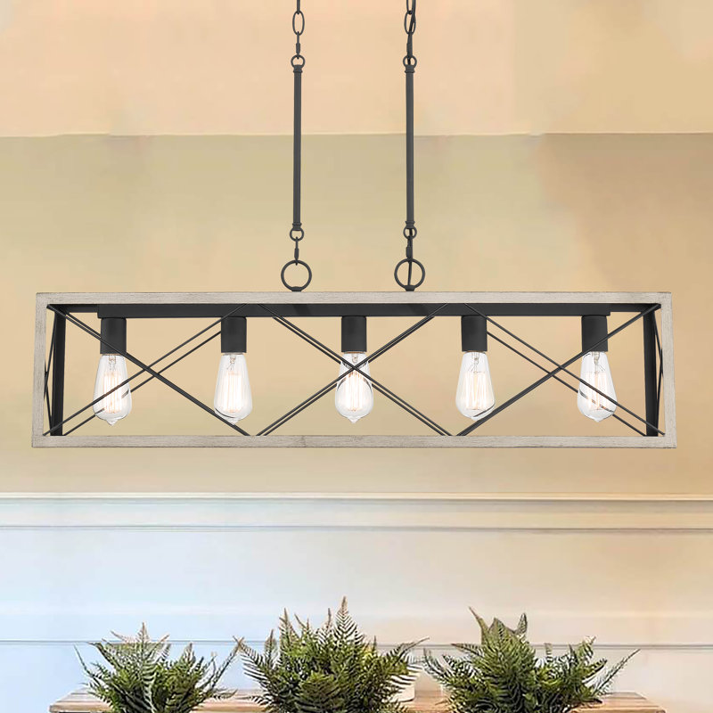 Luminaire suspendu carré / rectangulaire à 5 lumières pour îlot de cuisine, Zinc vieilli, Bois flottant