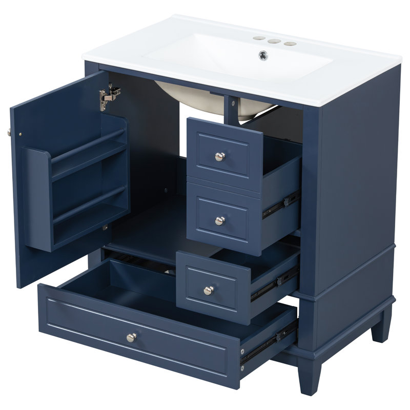 Meuble-lavabo 30 po avec lavabo, une porte avec tablette et trois tiroirs, porte à fermeture en douceur, Marine