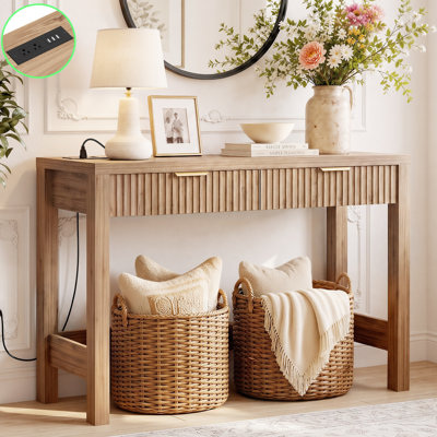 Console cannelée de 100 cm avec station de recharge, 2 tiroirs, table d'entrée étroite pour salon