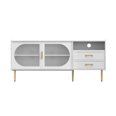 60" Modern Farmhouse TV Stand for TVs Up to 70", Fluted Glass Door Media Console with 2 Drawers & Open Storage, Gold Metal Legs Entertainment Center for Living Room Bedroom