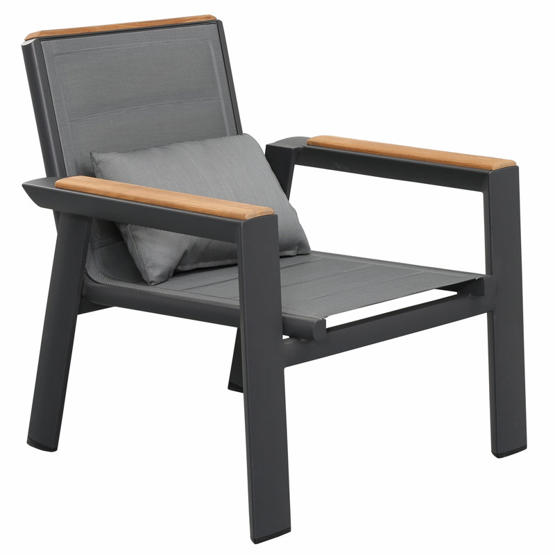 Higold - 2031 Geneva 4 Pieces Patio Conversation Set, 5 Seaters Outdoor Sofa, Made Of Space Aluminum, Teak Wood, Textile, Matte Charcoal Powder Coating