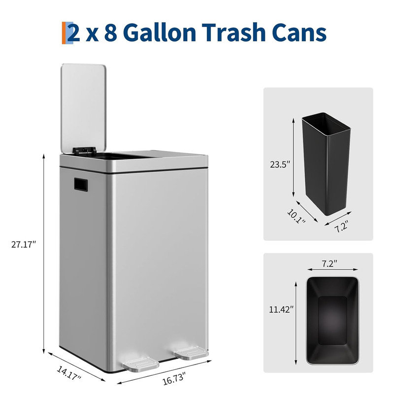 Poubelle de cuisine en acier inoxydable 16 gallons - Poubelle à double compartiment avec pédale à fermeture en douceur et seaux intérieurs amovibles pour le bureau à domicile