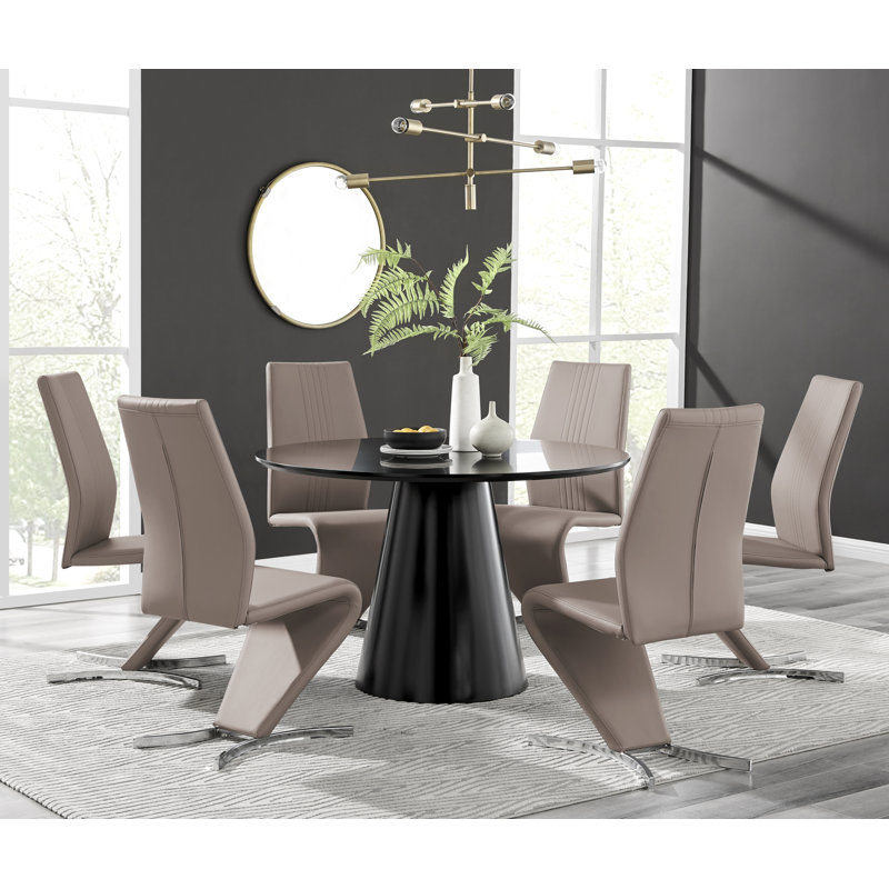 Edzard Statement Pedestal Round Dining Table Set & 6 Luxury Velvet Dining Chairs, White, Cappuccino