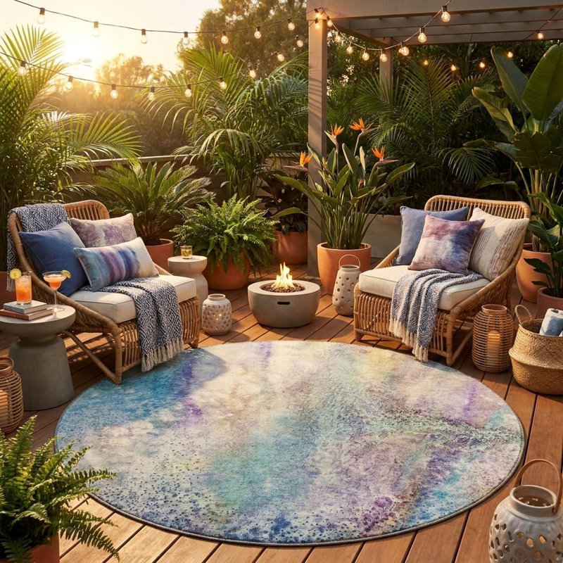 Tapis d'intérieur rond rond 8 pi beige et bleu