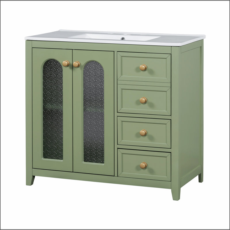 Meuble-lavabo de 36 pouces avec deux portes à fermeture douce, des tablettes réglables et trois tiroirs, Vert