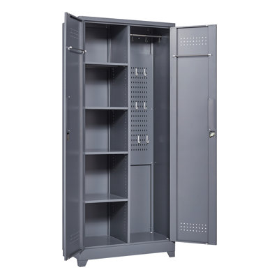 Casiers en métal de couleur grise et blanche, armoires à outils de nettoyage avec portes verrouillables, armoires de rangement pour outils à haut balai, tablettes réglables, grandes armoires pour cuisines, bureaux, magasins. (72,8 pouces)