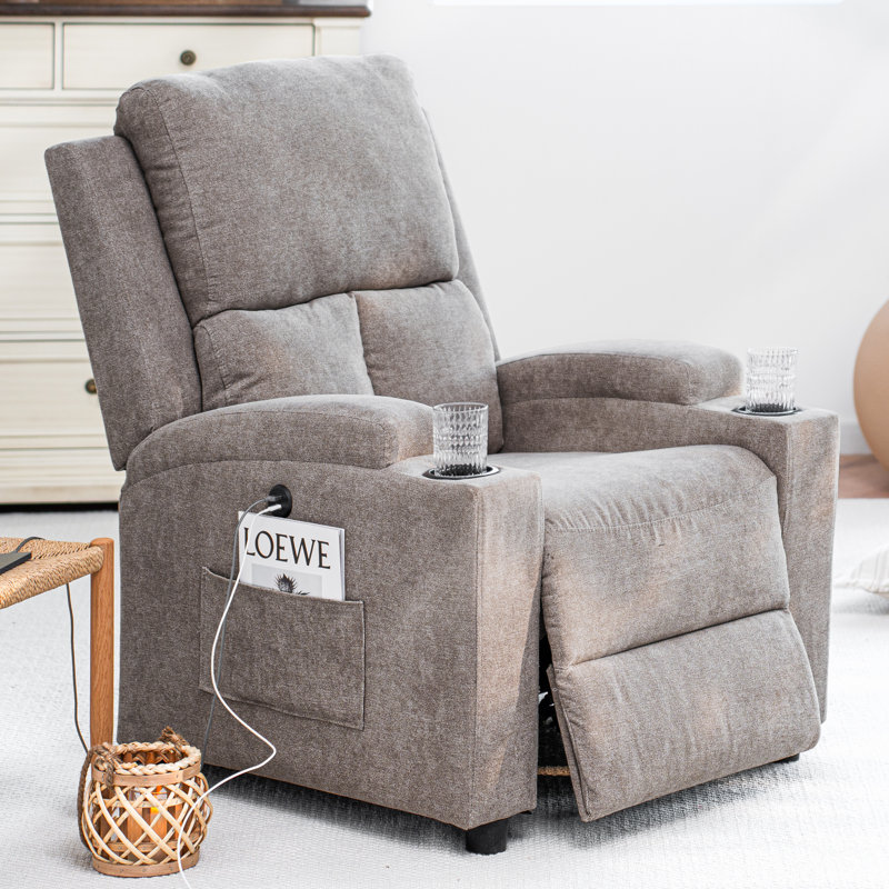 30.71'' Ultra-Comfortable Modern Recliner with Push-Back Mechanism, Dual USB Ports, and Cup Holders, Blue/Gray