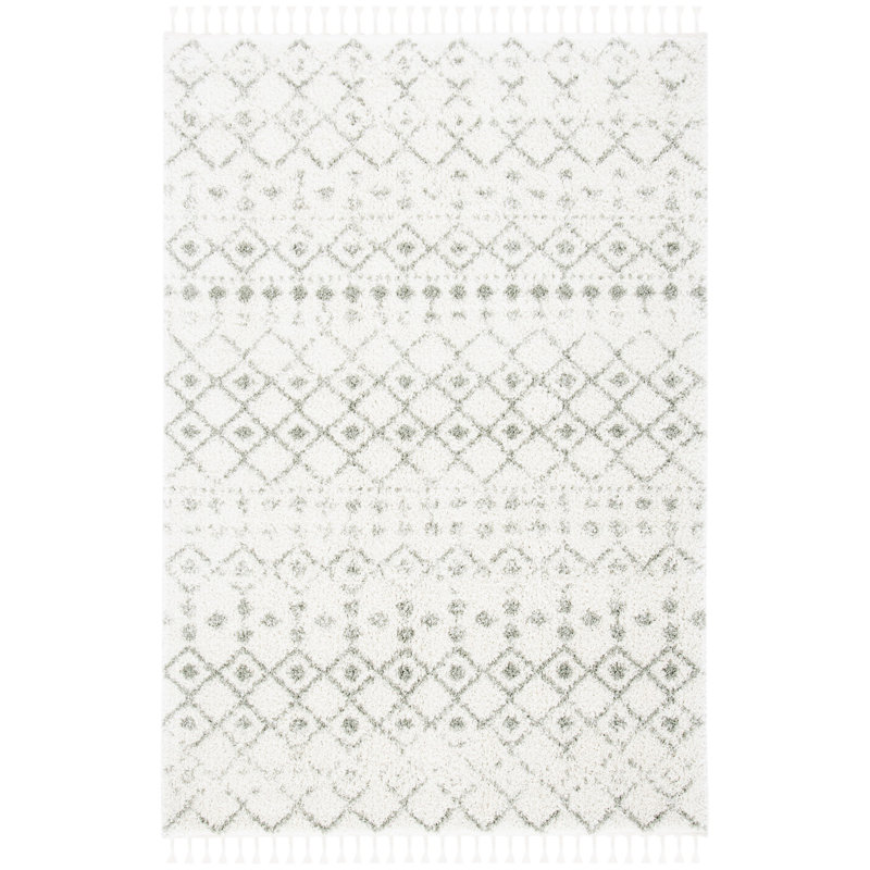 Ivory and Sage Hand-knotted Synthetic Shag Rug, 4' x 6'