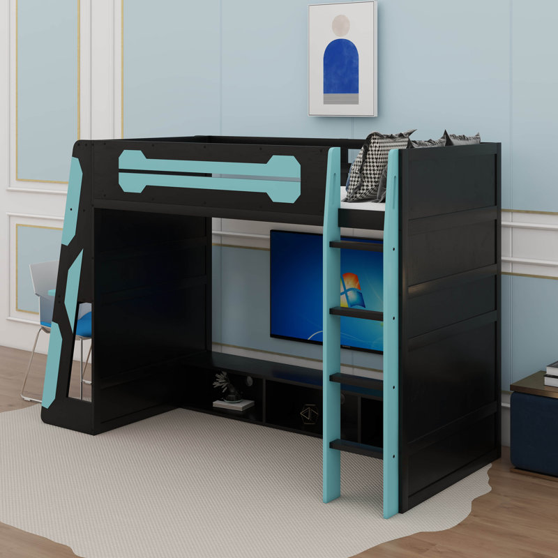 Lit mezzanine simple en bois avec bureau et lumière RVB, Bleu nuage