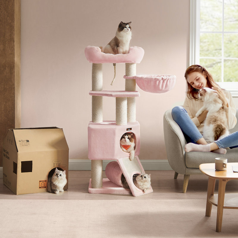141cm H Cat Tree, Pastel Pink/Natural