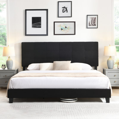 Lit tapissier de luxe très grand avec tête de lit en lin, sans sommier, base à lattes de bois, assemblage sans effort, noir, exquis