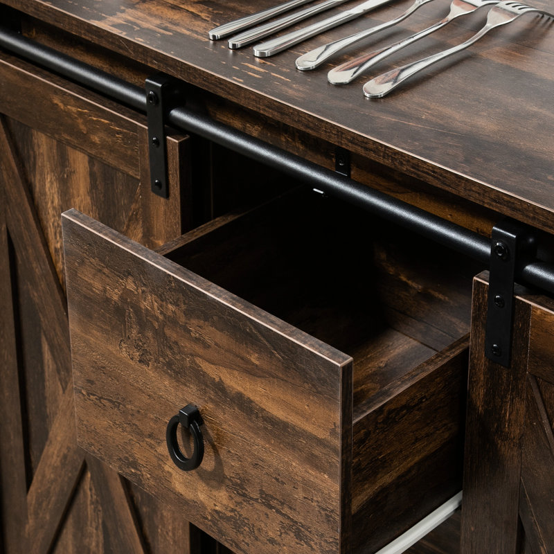 Buffet industriel de style rustique brun avec portes coulissantes, trois tiroirs et tablettes réglables pour l'armoire de maison - style à 3 tiroirs, glamour