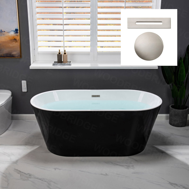 59" x 30" Freestanding Acrylic Soaking Tub - Glossy White, Glossy Black, or Black Exterior/White Interior, 5 Trim Finish Options