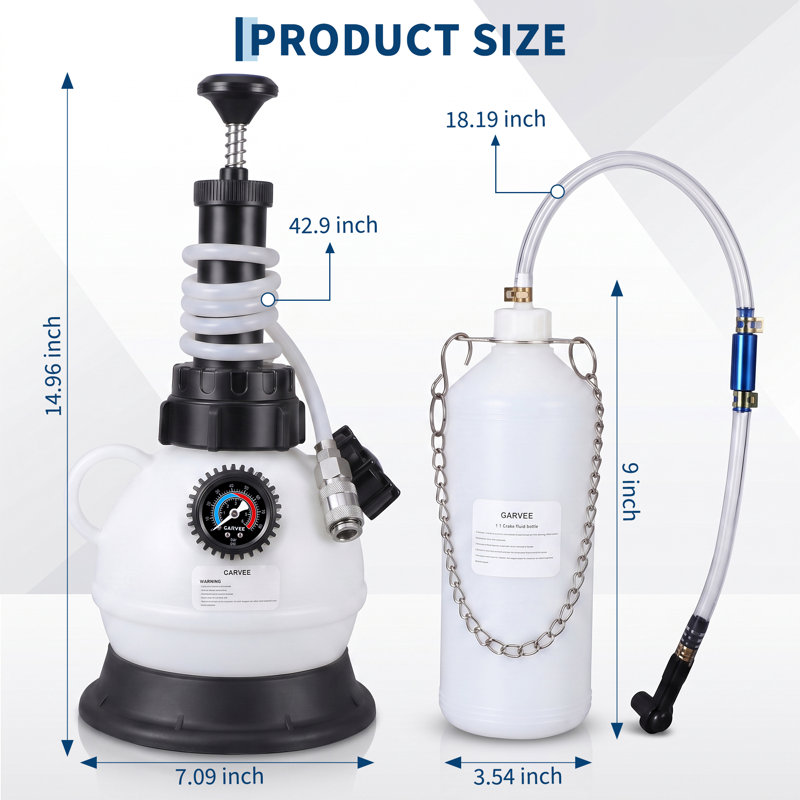Ensemble de purge de frein manuel de 2 L avec manomètre et soupape de sûreté, fabrication en PE et en nylon, adaptateur de 43,5 mm et bouteille de déchets de 1 L pour chasse de liquide de frein One-Man