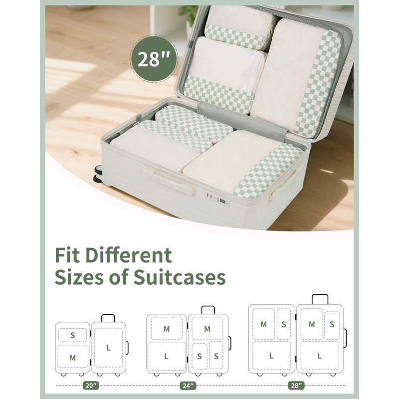 Paquet de 7 cubes de voyage à carreaux vert menthe, sacs de rangement pour bagages et accessoires de voyage