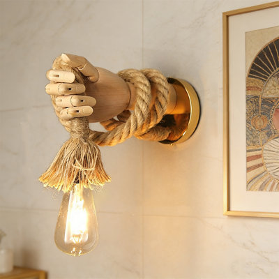 Applique murale rétro en corde de chanvre, forme réglable, plaque de fixation en fer, lumières murales en bois Creative Vintage pour le salon, la chambre à coucher, le couloir