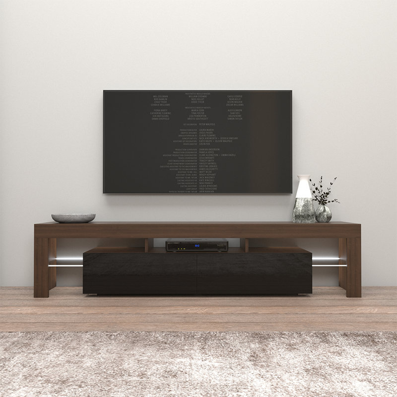Tahmoor 12" Modern TV Stand with 16-Color LED Lighting, Walnut/Black