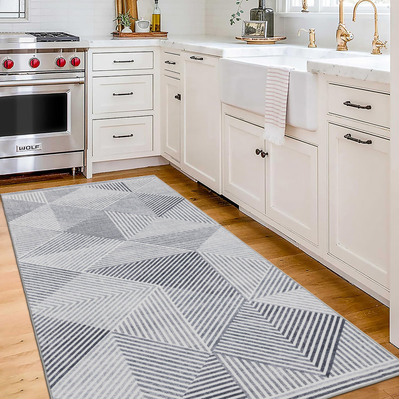 Tapis beige à motif géométrique moderne lavable à la machine Jahree Miles, Gray, Tapis de couloir 2 pi 6 po x 6 pi